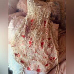 Y2K Lace Sleeveless Top with Red Floral Embroidery by:Free people